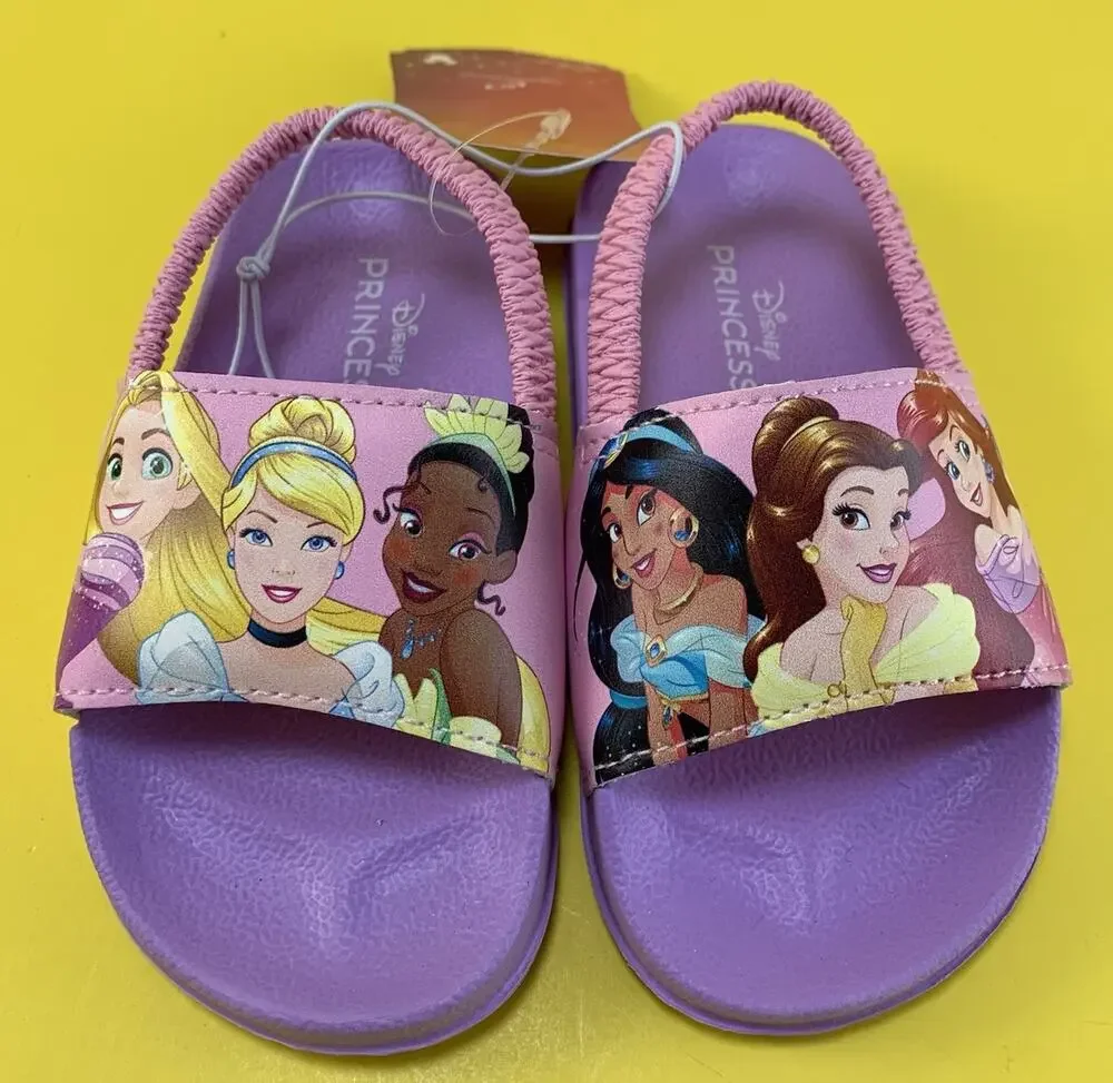 DISNEY PRINCESS SLIDES SANDALS TODDLER GIRLS SIZE 5/6 TIANA JASMINE ARIEL BELLE